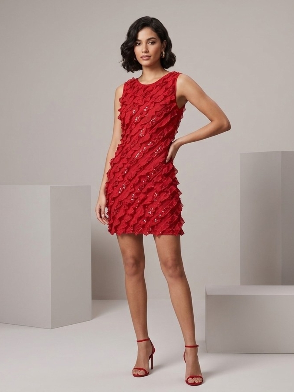 Size M (Stretch) George Red Sleeveless Ruffle Sequin Mini Dress